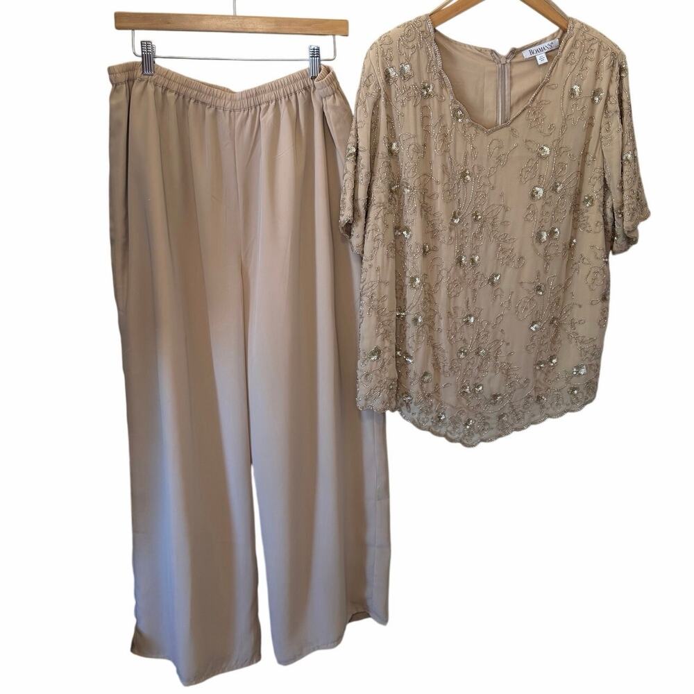 NWT Roaman’s Formal Event Glam Beaded Sparkle Tan Short Sleeve Pant Set Size 10